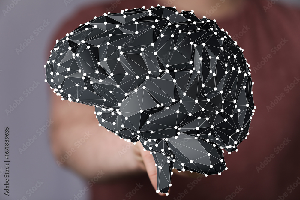 Poster 3d render of a low poly brain held in a hand. perfect for ai, technology, and neuroscience concepts.