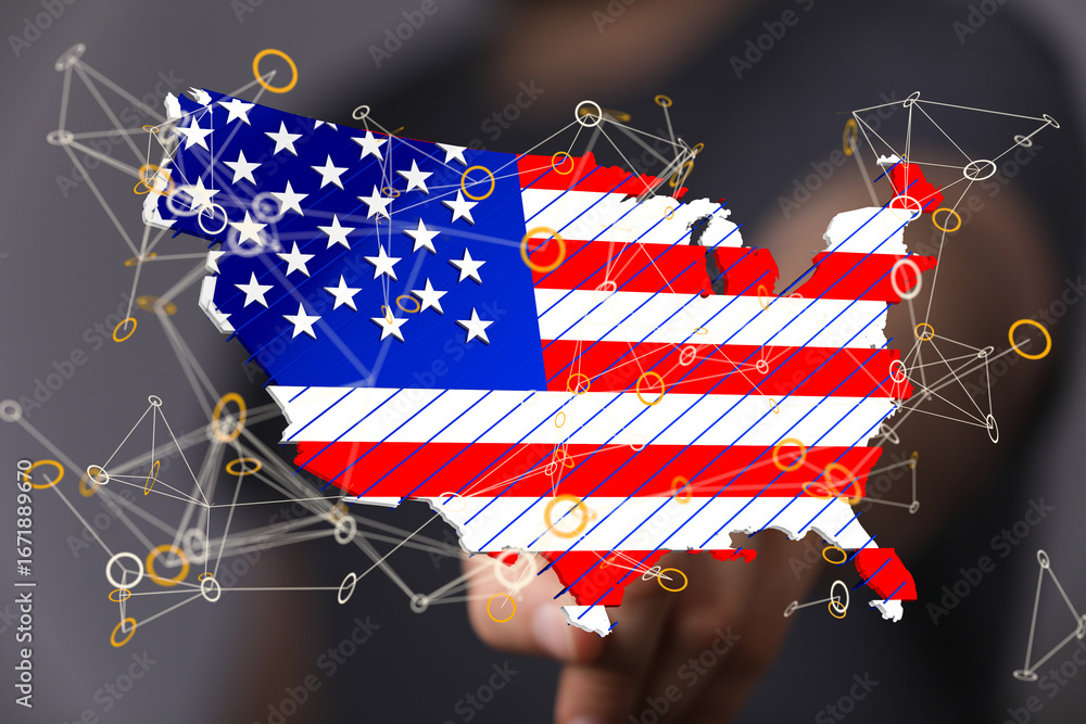 Poster abstract image of the usa map overlaid with a network, representing connectivity and digital technol