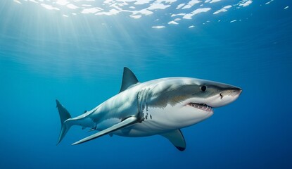 Fototapeta premium Animals: shark swimming close to camera in deep blue ocean, photographed in dramatic side angle with sunlight rays.