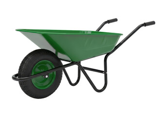 Green wheelbarrow with black handles and single wheel on transparent background