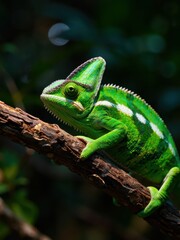 Fototapeta premium Climbing chameleon in lush jungle wildlife photography vibrant green close-up perspective nature's colors