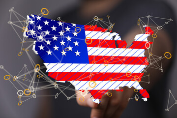 Abstract image of the USA map overlaid with a network, representing connectivity and digital technology.