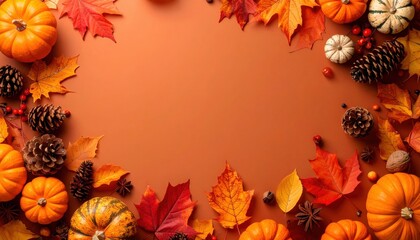 Obraz premium A vibrant autumn-themed frame adorned with pumpkins, leaves, and pine cones, perfect for seasonal greetings and festive designs