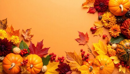 Fototapeta premium A vibrant autumn arrangement featuring pumpkins, flowers, and colorful leaves. The composition exudes the essence of fall harvest.