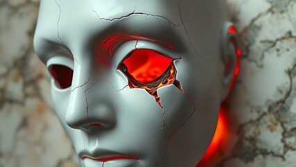 A porcelain mask with cracks revealing molten lava, representing suppressed emotions in aging women.