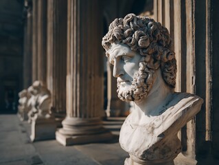 Naklejka premium white marble bust artwork near traditional columns bathed in sunlight 