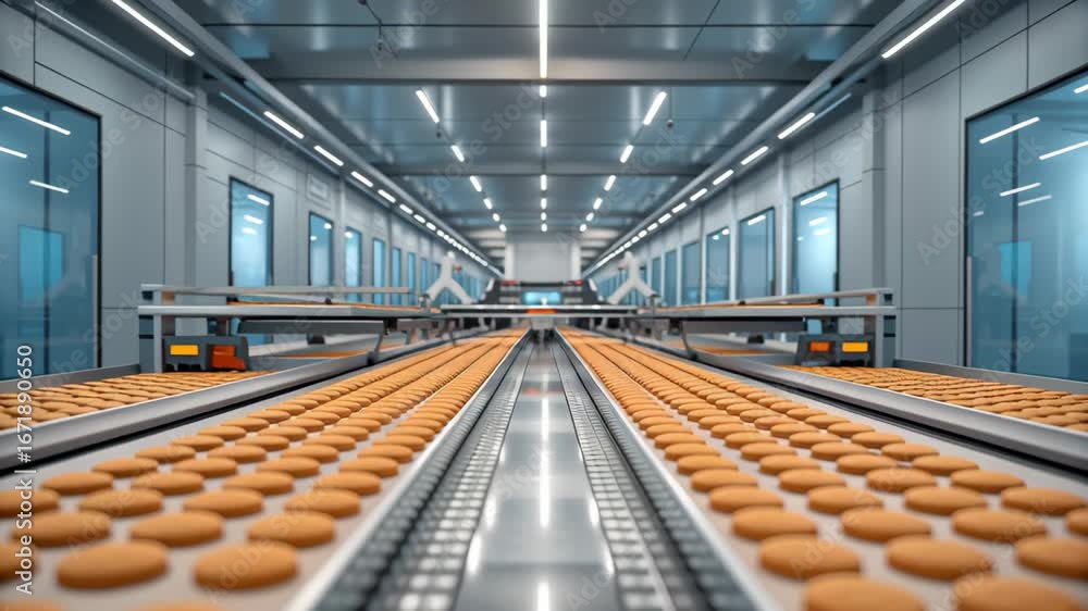 Poster ultraprocessed food concept ,robotic automation factory production of cookies efficient assembly and