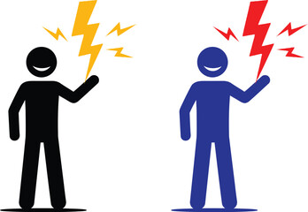 Stick figure holding lightning bolt power energy illustration