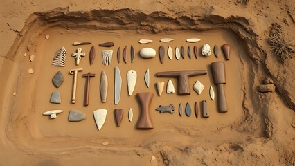 Neolithic tools arranged in geometric patterns on excavated earth layers.