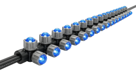 Robust industrial LED light strand with electric blue lights, durable textured housing, and thick black cable on a transparent studio background with copy space, concept of modern industrial design