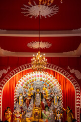 Subho mahalaya, An handmade idol of Goddess Durga decorated in colorful Pandal. Durga Puja is biggest religious festival of Hinduism and for bengalis and is now celebrated worldwide.	