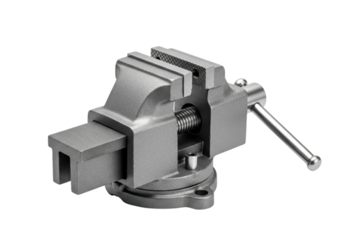 Metal bench vise with rotating base on transparent background