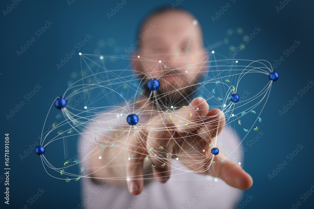 Poster stock photo of a man interacting with a digital network. perfect for technology, connection, and net