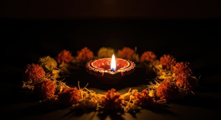 Illuminating the dark, a celebration of light with earthen diya encircled by marigolds