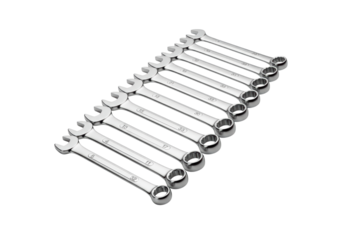 Set of ten metric combination wrenches in various sizes on transparent background