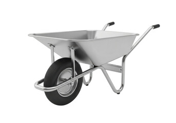 Silver metal wheelbarrow with black rubber wheel and dual handles for garden and construction work