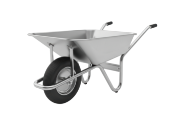 Silver metal wheelbarrow with black rubber wheel and dual handles for garden and construction work