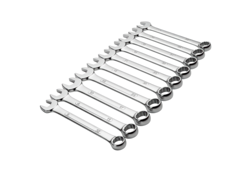 Set of ten metric combination wrenches in various sizes on transparent background
