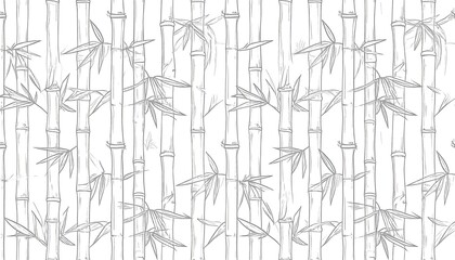 Seamless pattern of sketched bamboo stalks and leaves on white background
