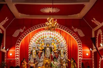 Subho mahalaya, An handmade idol of Goddess Durga decorated in colorful Pandal. Durga Puja is biggest religious festival of Hinduism and for bengalis and is now celebrated worldwide.
