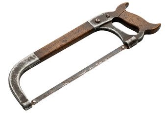 Vintage metal hacksaw with wooden handle on transparent background