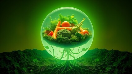 Surreal floating meal inside glowing eco-sphere, roots extending into soil, symbolizing sustainable nutrition.
