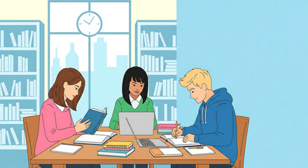 Students studying together in a library with bookshelves and a clock in the background