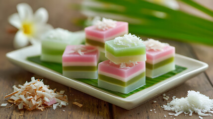 Traditional Thai Khanom Chan layered jelly coconut dessert