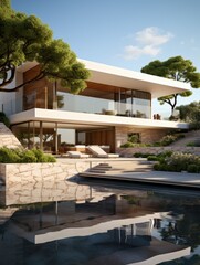 Fototapeta premium A modern house with a pool and trees under a blue sky on a sunny day with reflections in the water