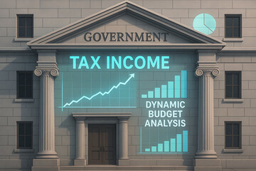 financial data government building. A government building with a "Tax Income" sign, featuring graphs depicting financial growth and dynamic budget analysis.