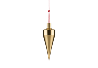 Golden plumb bob on red string hanging isolated on transparent background