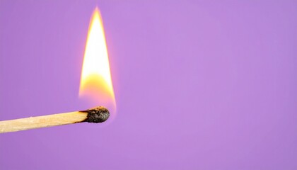 A lit matchstick burns against a solid purple background. The teardrop flame glows yellow-orange, casting soft shadows and highlighting the charred wood in a minimalist, dramatic close-up.