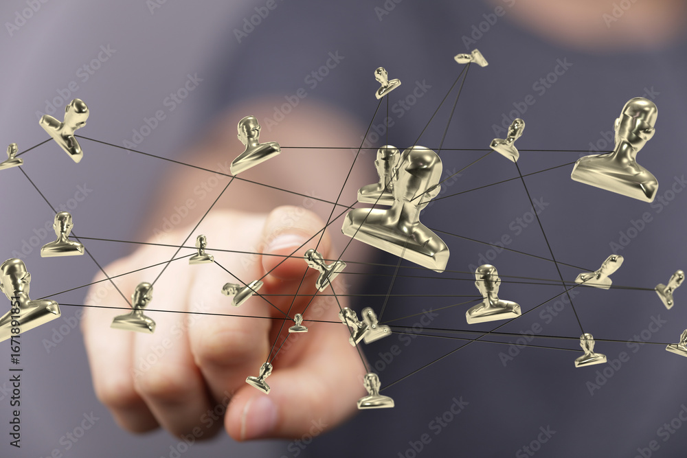 Poster abstract image depicting a network of interconnected golden human figures, symbolizing social media 
