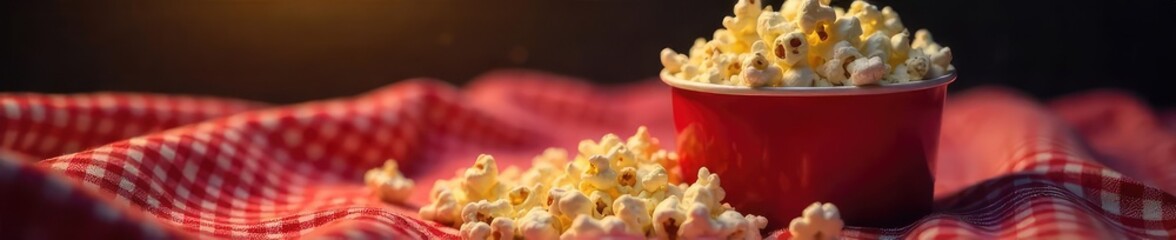 Warm Cinematic Lighting Illuminates Spilled Popcorn on Red Gingham Blanket, Perfect for Movie Night Family Fun and Feel-Good Entertainment