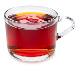 Glass cup of black tea isolated on white. Front view.