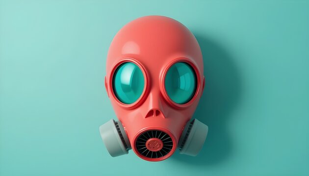 Pink Gas Mask or Respirator with Large Blue Eyes on a Light Blue Background - Powered by Adobe