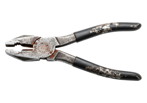 Rusty pliers with black handles on transparent background