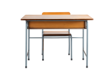 single desk and chair set in classroom setting isolated on white background