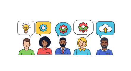 A diverse group of individuals sharing ideas through thought bubbles, each representing different concepts.