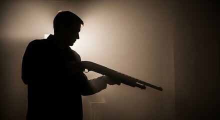 Mysterious silhouette: Man with rifle in low light setting creating tension atmosphere