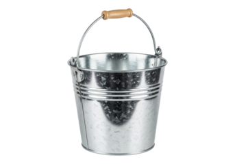 Shiny metal bucket with wooden handle for household and gardening use