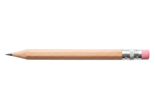 Short wooden pencil with pink eraser and metal ferrule on transparent background