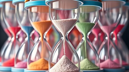 Colorful overlapping hourglasses with upward-flowing sand, depicting the unique perception of time in ADHD.