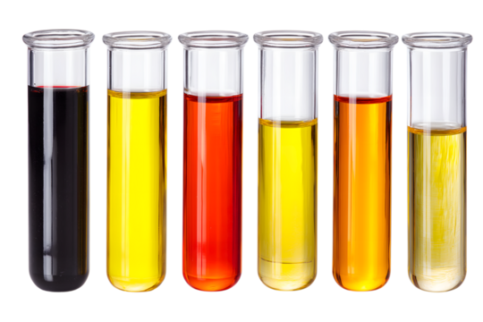  test tubes filled with colorful liquids isolated on white background
