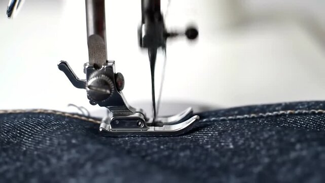 Close-up of a sewing machine needle stitching denim fabric.
