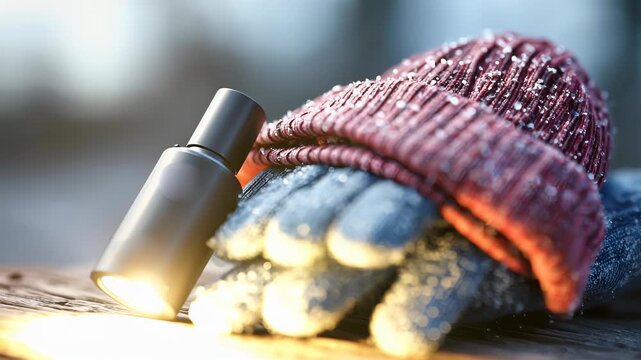 Winter gloves, knit hat, and a small bottle arranged on a wooden surface with snow details