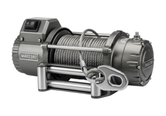 Heavy-duty electric winch with steel cable and control hook for off-road vehicles