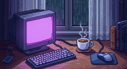 Pixelated nostalgia: A cozy rainy evening at the computer with steaming coffee