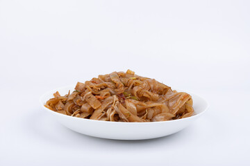 The fried rice noodles on the plate