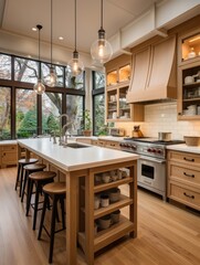 A bright kitchen with large island, wooden cabinets, stools, and pendant lights over the island area